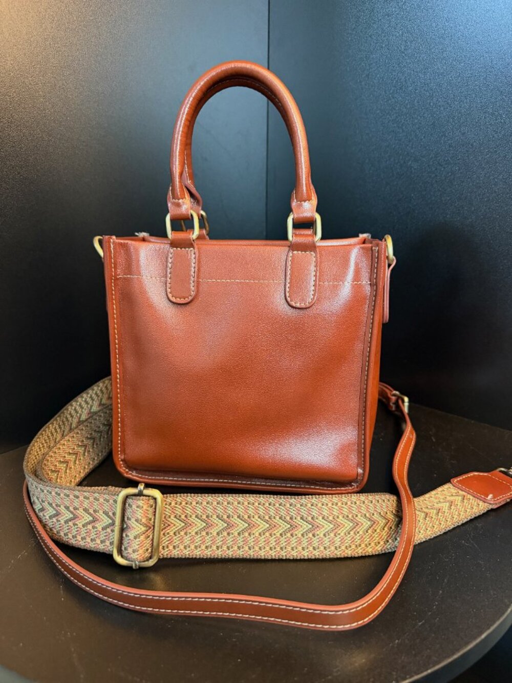 Classic Genuine Leather Cognac-Brown Mini Bag w/2 Straps